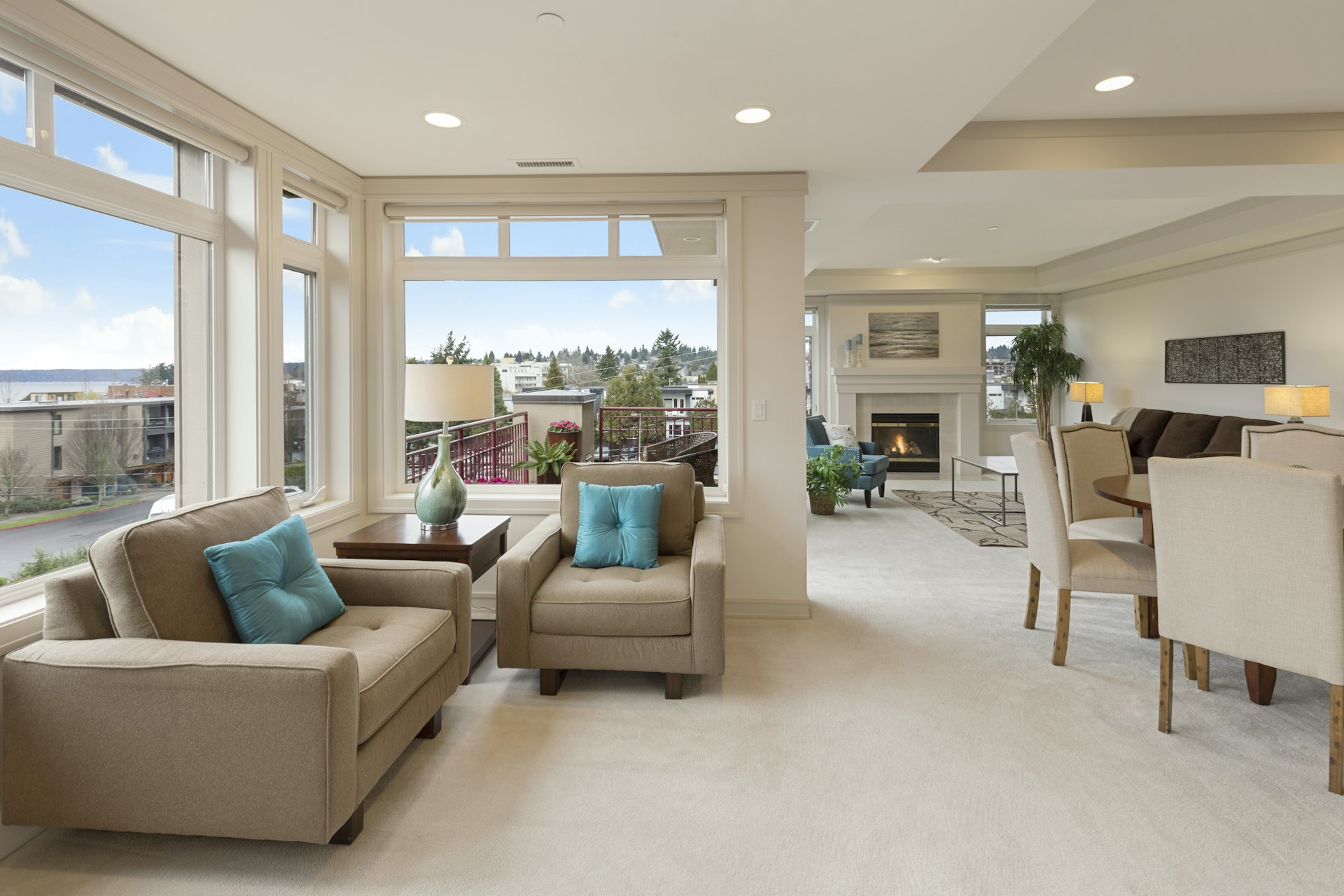 AI-generated illustration of a living room finished with plush neutral carpet